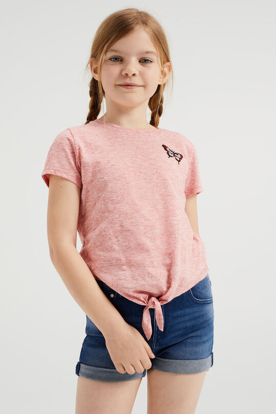 T-shirt chiné à broderie fille, Rose corail
