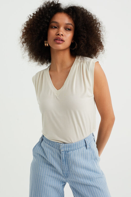 T-shirt à détail plissé femme, Blanc cassé
